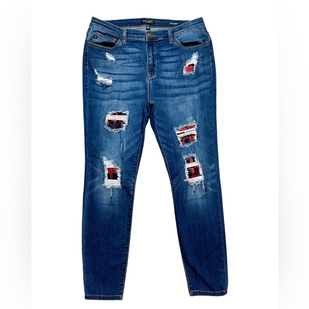 Judy Blue skinny jeans with buffalo plaid patch size 1X 14/16